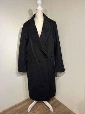 Quince Black Double-Breasted Long Wool Coat with Notched Lapel